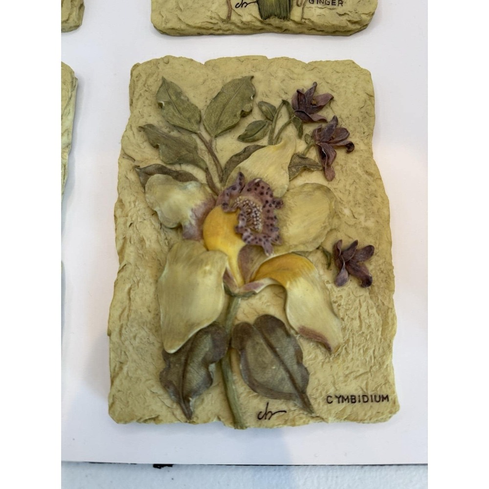 Set 4 Vintage Cherri Blum Wall Plaques Art 3D Floral Tiles Cynara Protea Ginger - Picture 11 of 13
